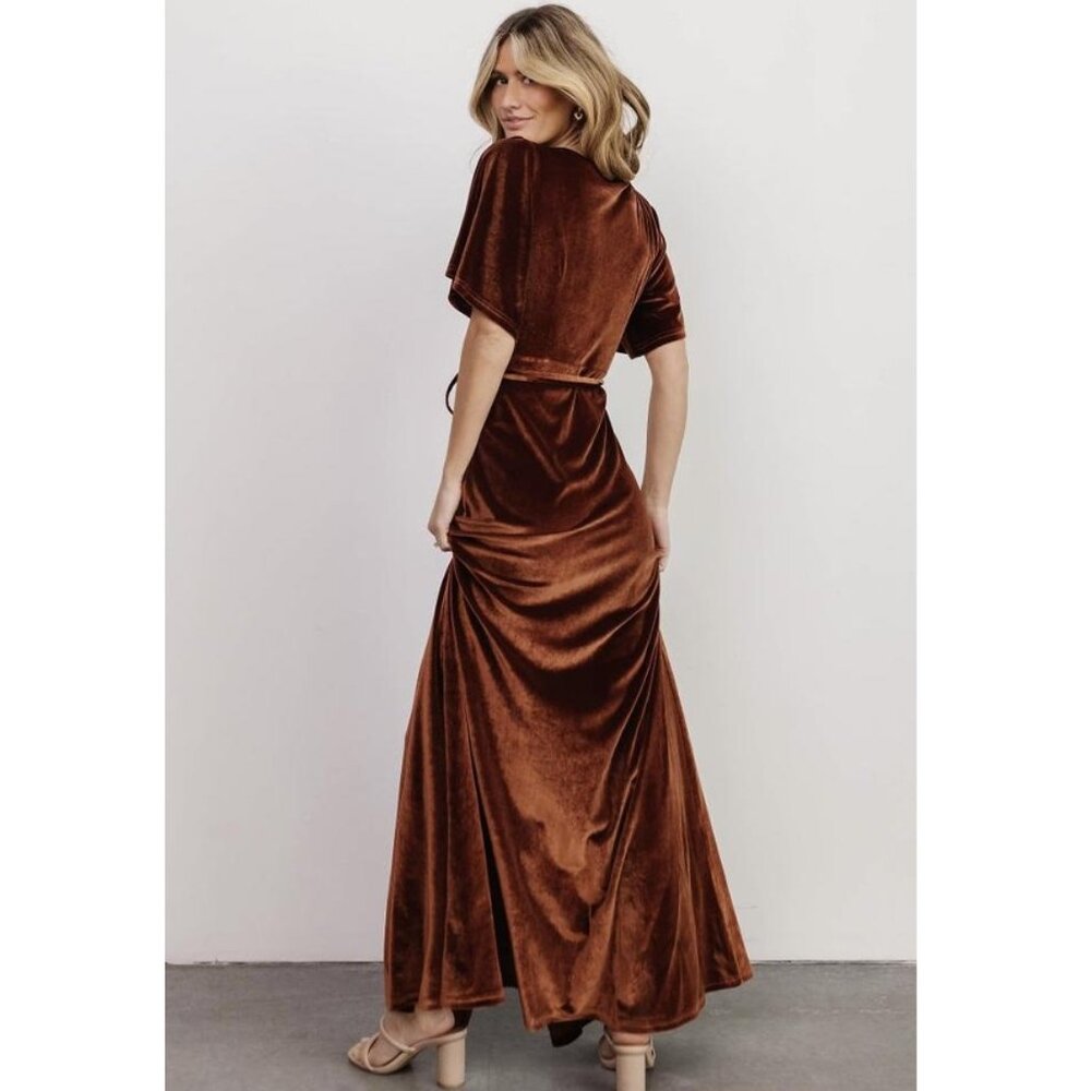 NWT Baltic Born Meghan Velvet Wrap Maxi Dress Bronze Brown Women's Small - Picture 3 of 16